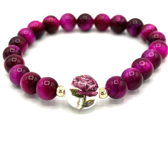 Hand Crafted Jewelry - HAND CRAFTED Magenta Tiger Eye Stretch Bracelet with Rose